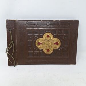 Vintage 50s Photo Album Brown Gold Embossed Snapshots Military Parade Newspaper